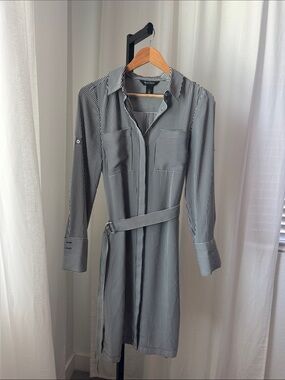 White House Black Market Striped Shirt Dress with Tie Belt - Black & White